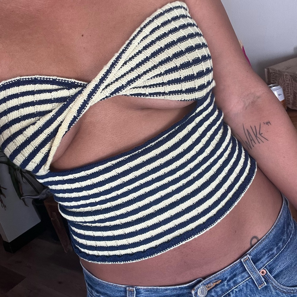 Blue and yellow knit crop tube top